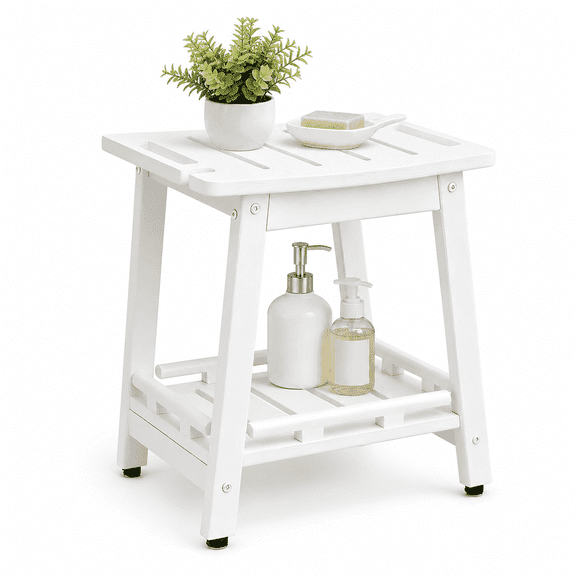 ZEOPHOL HDPE Shower Bench, Bathroom Shower Stool with Handle & Storage Shelf, Non-Slip Shower Seat for Inside Shower, Shaving Legs, Elderly & Adults White
