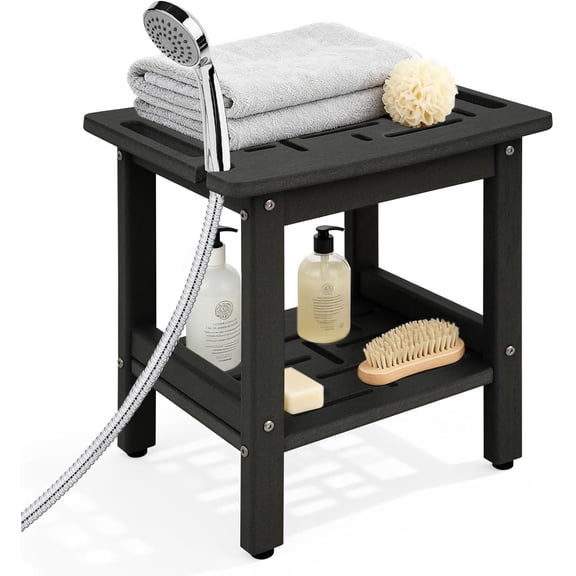 ZEOPHOL HDPE Shower Bench for Inside Shower, Shower Stool with Handle & Storage Shelf, Bathroom Shower Seat for Shaving Legs, Adults & Elderly Black