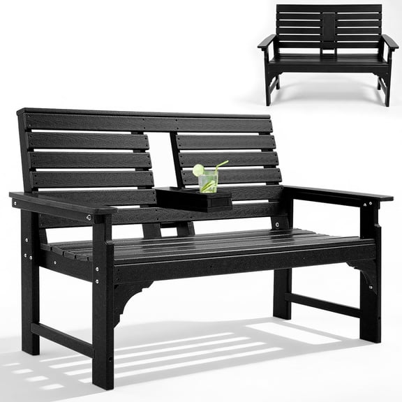 ZEOPHOL Outdoor Garden Bench, HDPE Weatherproof Bench w/Backrest, Armrests & Cup Holders, 2 Seats Patio Seating Bench for Front Porch, Backyard, Park Black