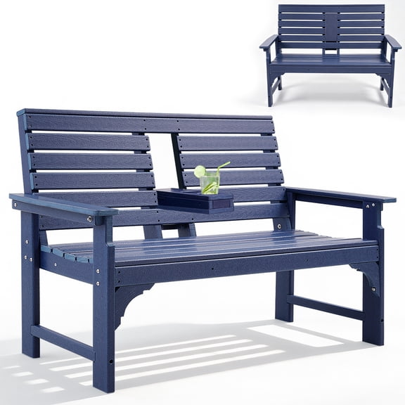 ZEOPHOL Outdoor Garden Bench, HDPE Weatherproof Bench w/Backrest, Armrests & Cup Holders, 2 Seats Patio Seating Bench for Front Porch, Backyard, Park Blue