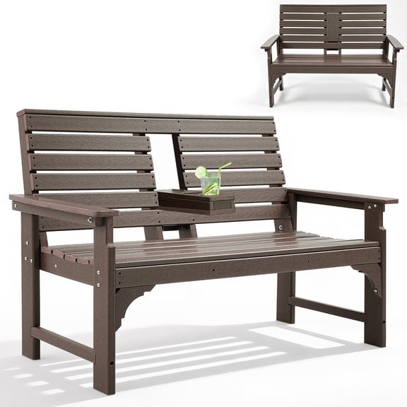 ZEOPHOL Outdoor Garden Bench, HDPE Weatherproof Bench w/Backrest, Armrests & Cup Holders, 2 Seats Patio Seating Bench for Front Porch, Backyard, Park Brown