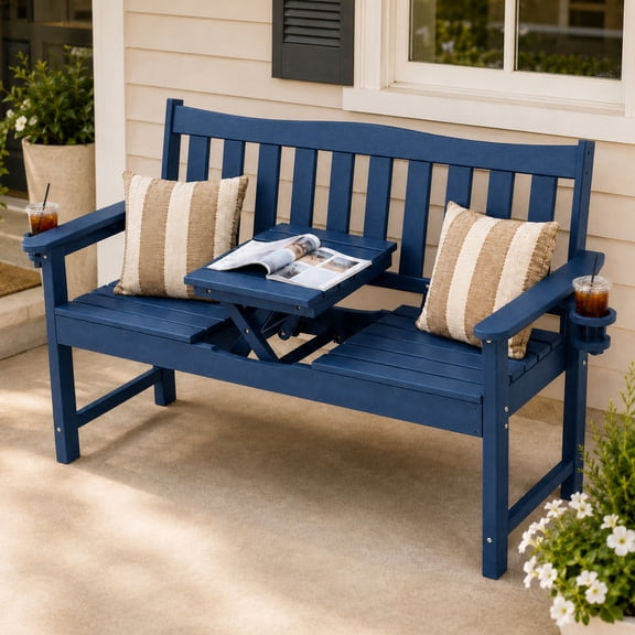 ZEOPHOL Outdoor HDPE Patio Bench, Outdoor Patio Garden Bench with Center Lift and Built-In Cup Holders, Easy to Maintain, Ideal for 1–3 People Navy Blue