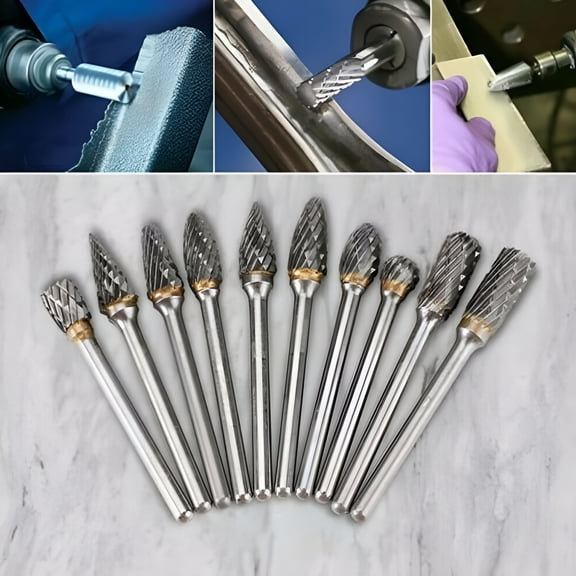 ZEPARO 10 Pcs 1/4 Inch Double Cut Tungsten Carbide Rotary Burr Bits, Die Grinder Shank Tool for Metal Removal and Machining