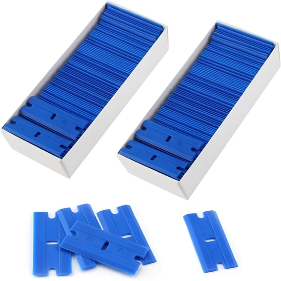 ZEPARO 200 Pcs Plastic Razor Blades Plastic Scraper Blades Double Edge Razor Blade for Removing Labels Stickers Gasket Decals on Glass Car Window - Blue