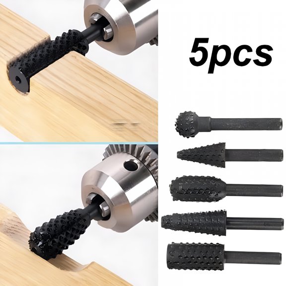 ZEPARO 5Pcs 1/4 Inch Rotary Rasp Wood Carving Tools Set, Electric Drill Bits for Woodworking, Shaping, Sanding and Engraving