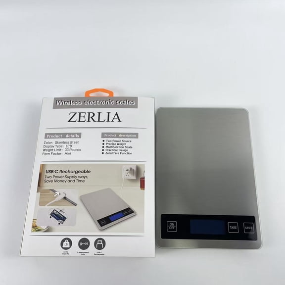 ZERLIA Wireless electronic scales,33lb Food Scale, Digital Kitchen Scale Batteries and USB Charging,1g/0.05oz Precise Graduation (Stainless Steel)