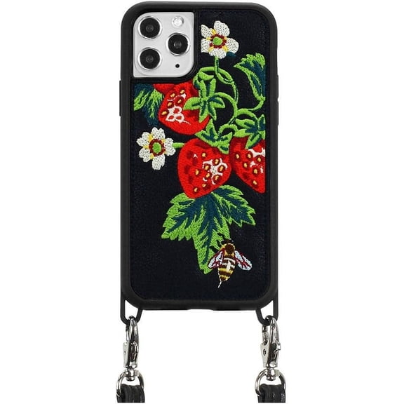 ZERO GRAVITY Strawberry Honey Phone Case w/Strap for iPhone 11 Pro - Embroidered Design - Drop Tested, 360 Protection