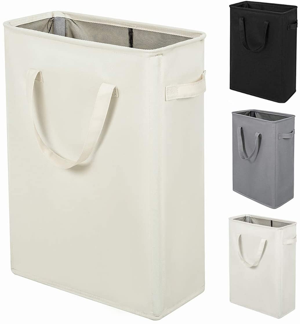 ZERO JET LAG Slim Laundry Hamper Handles Collapsible Laundry Basket Thin Dirty Clothes Basket Narrow Laundry Bag Foldable Dirty Hamper 45L (21 inches,Beige)