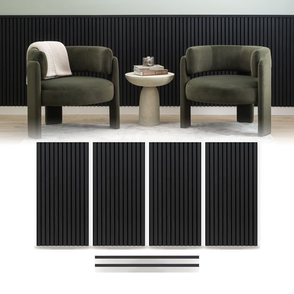 ZETY Black Wainscoting Panels with Top Molding, 4-Pack Acoustic Slat Wall Panels, 24 x 48 in Each, 32 sq ft, Half Wall Paneling