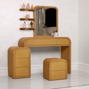ZETY HOME Fluted Makeup Vanity Desk with Mirror, Stool, 8 Drawers, 3 Shelves, Ash Veneer, Modern Style
