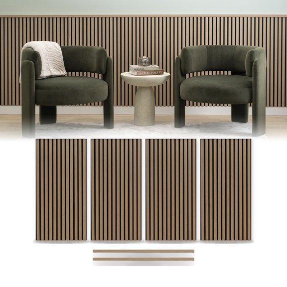 ZETY Natural Oak Wainscoting Panels with Top Molding, 4-Pack Acoustic Slat Wall Panels, 24 x 48 in Each, 32 sq ft, Half Wall Paneling