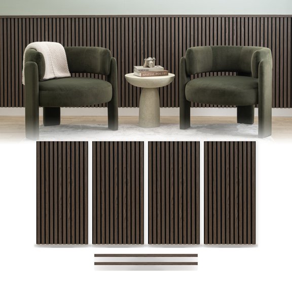 ZETY Walnut Wainscoting Panels with Top Molding, 4-Pack Acoustic Slat Wall Panels, 24 x 48 in Each, 32 sq ft, Half Wall Paneling