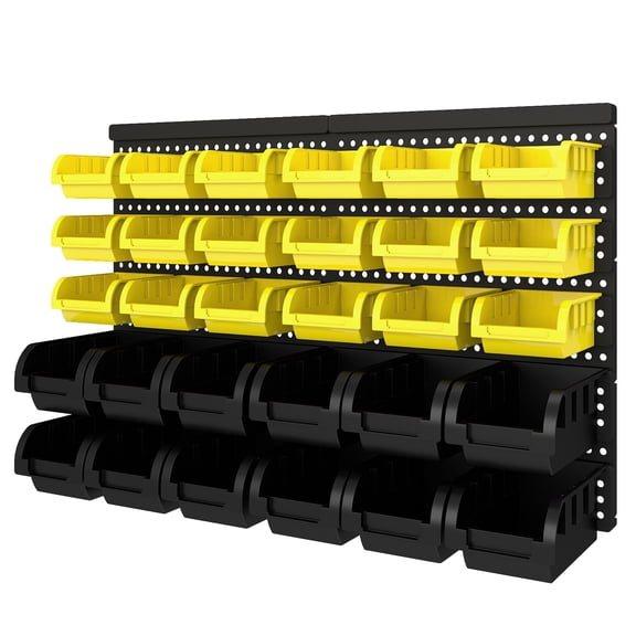 ZEUKMXOO 2 Colors Wall Mounted Screw Organizer, Storage Bins for Small Parts, Bolt Bin Organizer Garage Plastic Shop Tool for Garage Storage, 25.2"L x 6.5"W x 16.1"H, (Yellow+Black 30PCS)