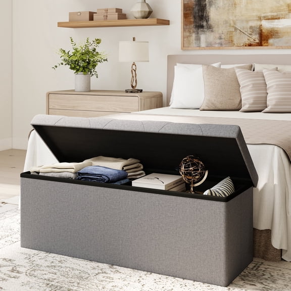 ZEUKMXOO 43" Folding Storage Ottoman Bench, Ottoman Foot Rest, Storage Chest with Thicker Seat, Storage for Blankets in Living Room, Entryway, Bedroom, Support 660lb Capacity, Gray