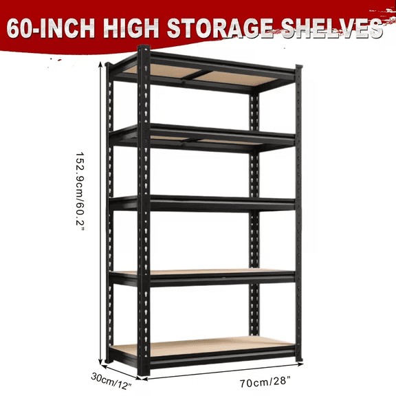 ZEUKMXOO 5-Tier Heavy Duty Metal Garage Storage Rack Black MDF Utility Shelves for Pantry Basement Warehouse Closet 60"H×27.5"W×11.8"D