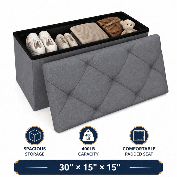 ZEUKMXOO Storage Ottoman Bench, Entryway Shoe Bench with Cushion, Ottoman with Storage for Living Room, 30"x15"x15" Grey Bedroom Bench