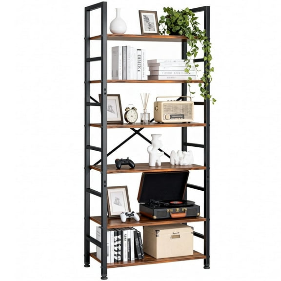 ZEUKMXOO 6 Tier Bookshelf , Modern Freestanding Display Bookcase Shelf, Vintage Wood Storage Organizer , Tall shelving unit for Living Room, Home Office, Bedroom, Pantry