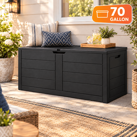 ZEUKMXOO 70 Gallon Deck Box - Waterproof Outdoor Patio Storage Box for Cushions, Pool Gear & Garden Tools, Black