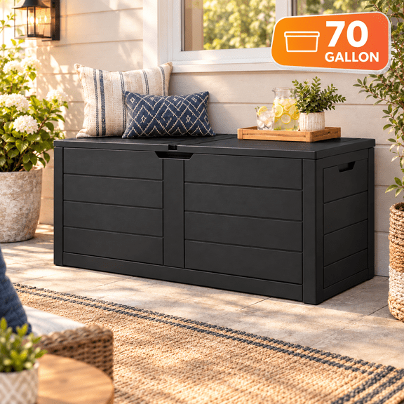 ZEUKMXOO 70 Gallon Deck Box - Waterproof Outdoor Patio Storage Box for Cushions, Pool Gear & Garden Tools, Black