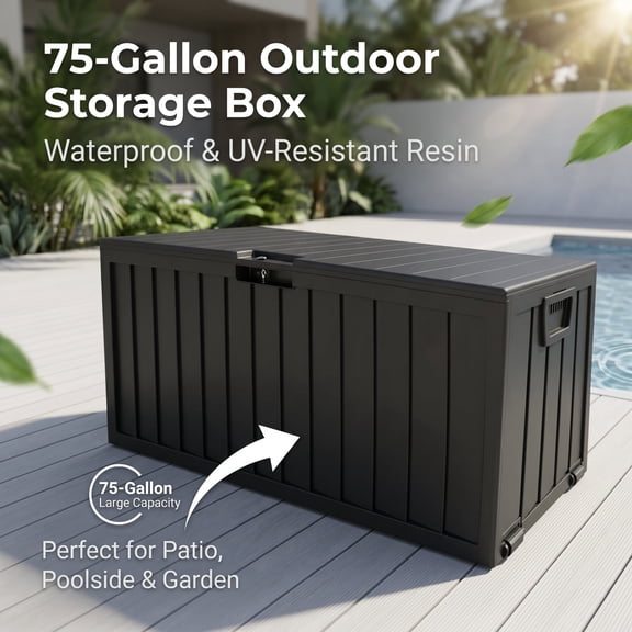 ZEUKMXOO 75-Gallon Outside Storage Box Waterproof, Large Outdoor Storage Bin for Patio Deck Garden, Black Heavy Duty Container with Lid, Bottom Casters