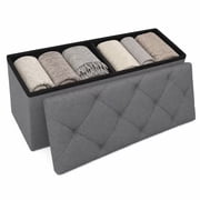 Folding Storage Ottoman Bench, 43 Inch Gray Fabric Storage Bench with Cushion Lid, Foot Rest Stool for Bedroom Entryway