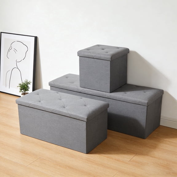 ZEUKMXOO Three-piece set Folding Storage Ottoman Bench, Ottoman Foot Rest, Storage Chest with Thicker Seat, Storage for Blankets in Living Room, Entryway, Bedroom, Grey(Large + Medium + Small)