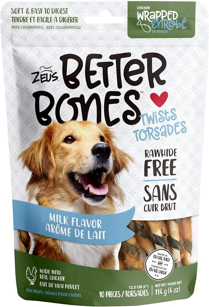 ZEUS Better Bones Twists Dog Treats, Milk and Chicken Twists 10 Pack