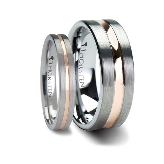 ZEUS Flat Brushed Finish Tungsten Carbide Ring with Rose Gold Plated Groove - 4mm - 10mm