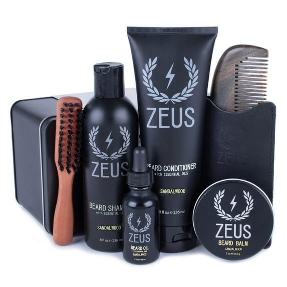 ZEUS Premium Mens Grooming Set - Complete Beard Upkeep Kit - Shampoo, Conditioner, Oil, Balm, Comb, Brush! (SANDALWOOD)