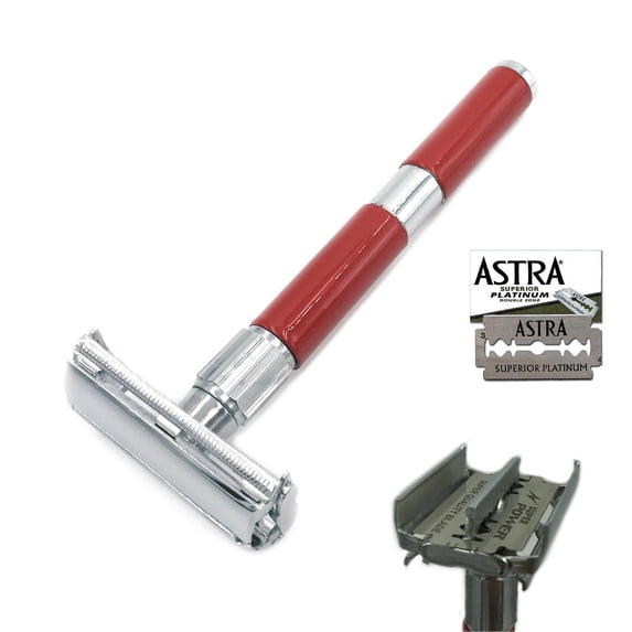 ZEVA LONG HANDLE DE SAFETY RAZOR BUTTERFLY OPENING FOR MEN + 5 ASTRA BLADES RED