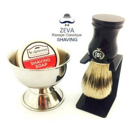ZEVA SHAVING BRUSH WITH DRIP STAND SOAP BOWL COMPLETE GIFT SET FOR MEN