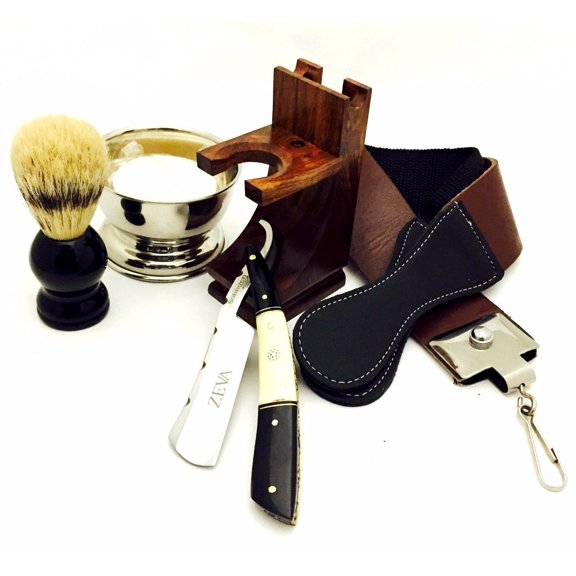 ZEVA SOLINGEN BUFFALO HORN & CAMEL BONE STRAIGHT RAZOR SHAVING SET IN GIFT BOX P