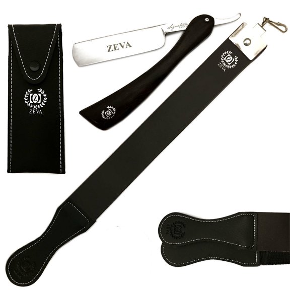 ZEVA Wood Handle Straight Razor, Leather Sharpening Strap Strop 3 Pc Shaving Set