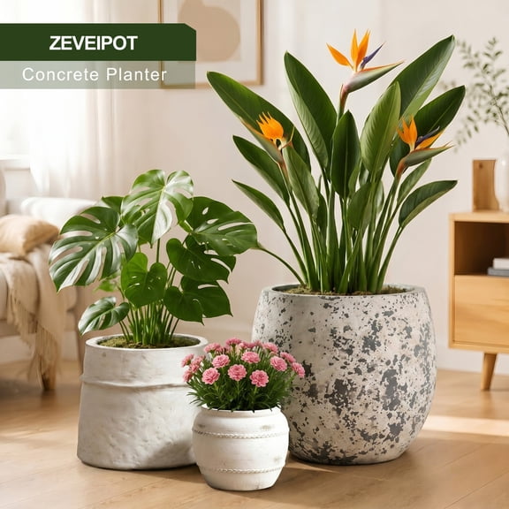 ZEVEIPOT Round Concrete Planter Set of 3, Indoor and Outdoor Flower Pots with Drainage Holes, 18-Inch, 13-Inch and 9-Inch, White