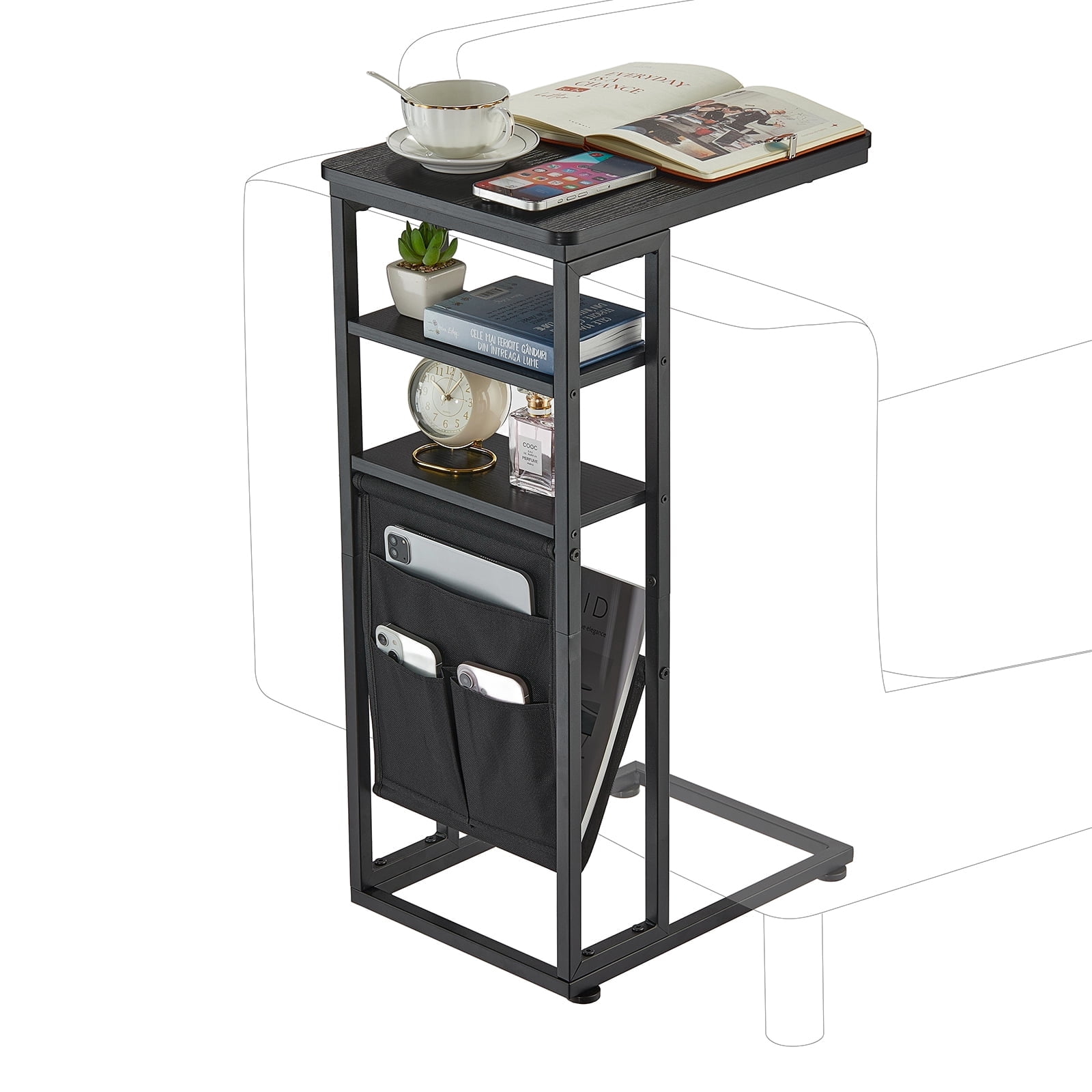 ZEXVIDA C Shaped Side Table, 3 Tier Sofa End Tables with Storage Bag, Sturdy Slide Under Sofa Slim Side Tables with Metal Frame for Small Spaces, Living Room, Bedroom, Industrial (Black)