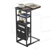 ZEXVIDA C Shaped Side Table, 3 Tier Sofa End Tables with Storage Bag, Sturdy Slide Under Sofa Slim Side Tables with Metal Frame for Small Spaces, Living Room, Bedroom, Industrial Black