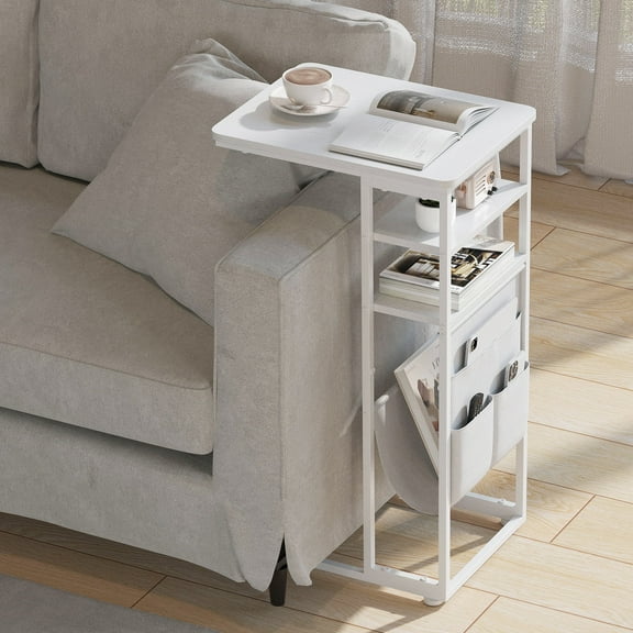 ZEXVIDA C Shaped Side Table, 3 Tier Sofa End Tables with Storage Bag, Sturdy Slide Under Sofa Slim Side Tables with Metal Frame for Small Spaces, Living Room, Bedroom, Industrial (White)