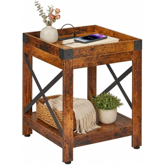 ZEXVIDA Farmhouse Side Table with Charging Station,Square End Table with 2-Tier Storage Shelf, Sofa Table with X-Metal Frame,Coffee Table Nightstand for Living Room Bedroom Small Spaces,Rustic Brown