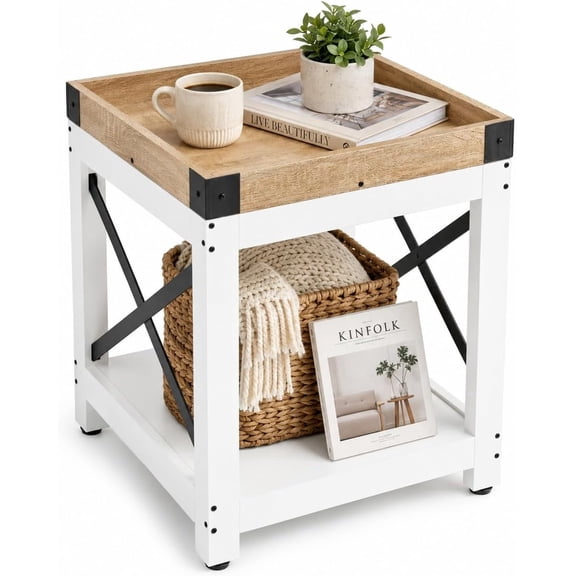 ZEXVIDA Farmhouse Square Side Table with 2-Tier Storage Shelf,Large End Table Modern Sofa Table with X-Metal Frame Coffee Table Nightstand for Living Room Bedroom Office,Small Spaces,Oak