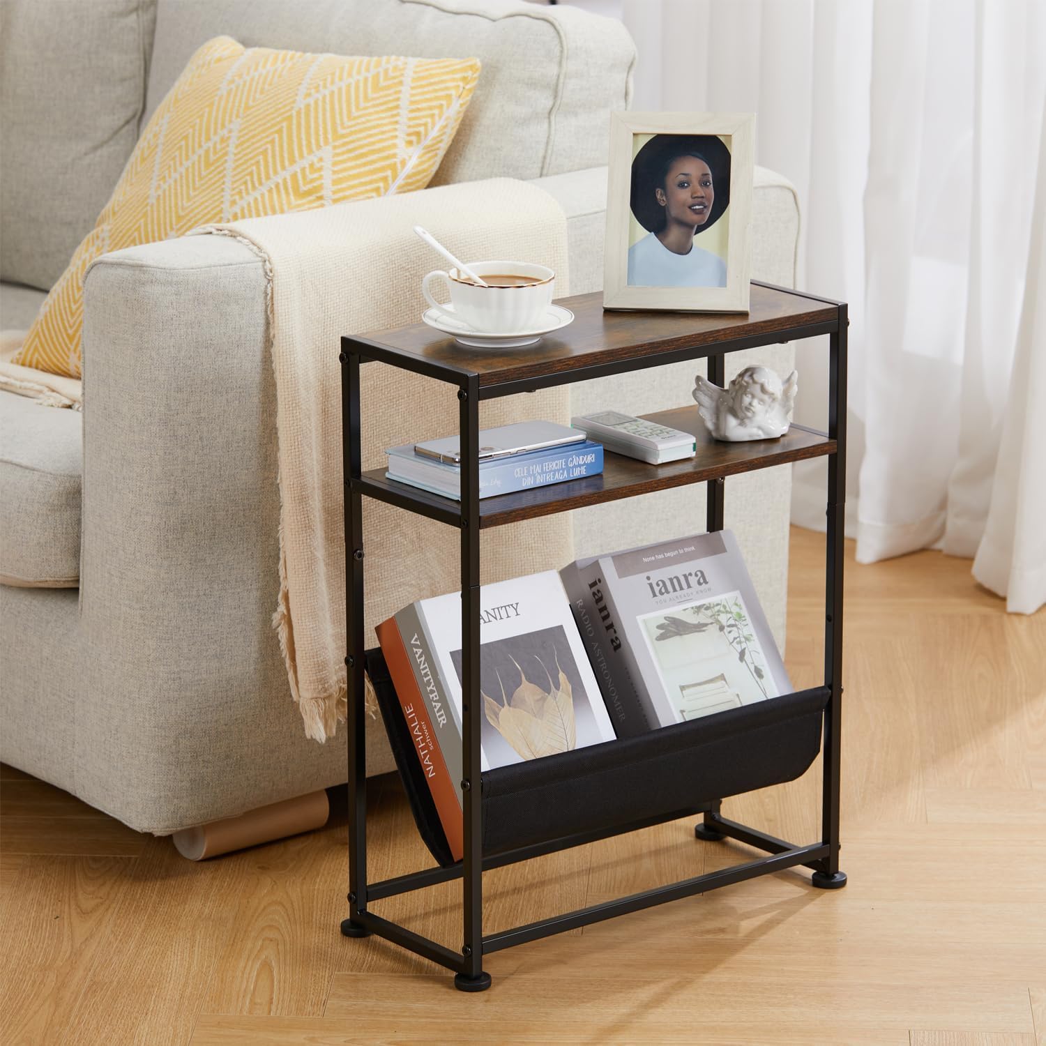 ZEXVIDA Narrow End Table for Small Spaces - Slim Side Table with Magazine Holder,2 in 1 Design Narrow End Table Living Room,Skinny Bedroom Nightstand Thin Side Magazine Table,Rustic Brown
