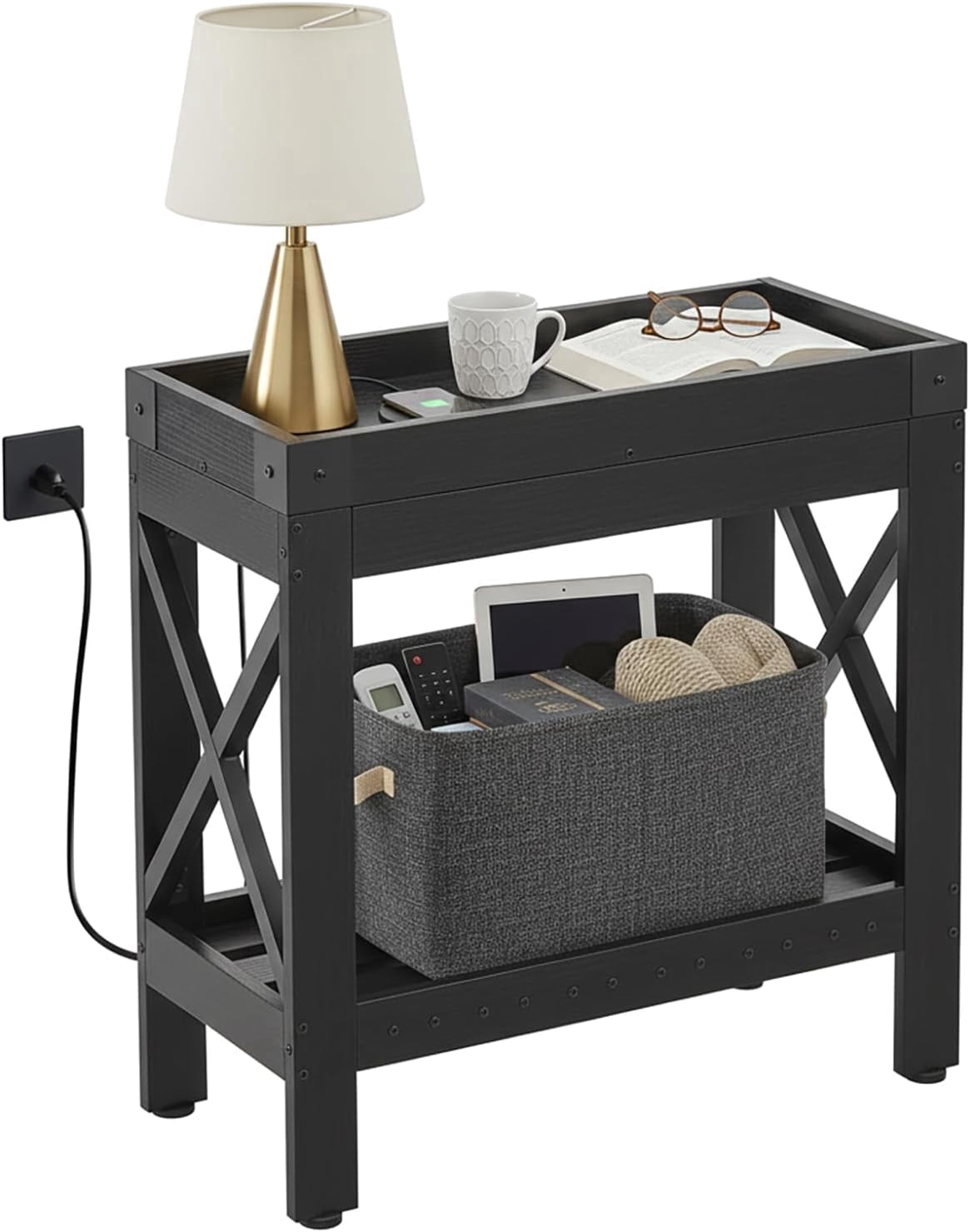 ZEXVIDA Narrow Side Table, End Table,Sofa Side Table, End Table Nightstand for Bedroom, Living Room, Small Spaces with 2 USB and 2 Power Outlets,Black