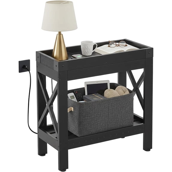 ZEXVIDA Narrow Side Table, End Table,Sofa Side Table, End Table Nightstand for Bedroom, Living Room, Small Spaces with 2 USB and 2 Power Outlets,Black