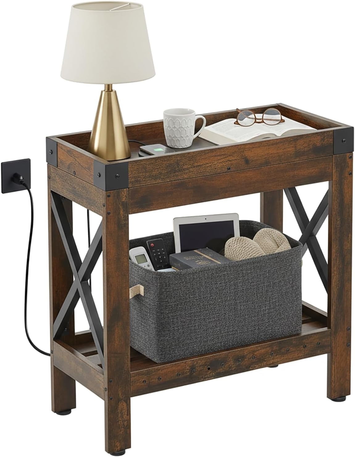 ZEXVIDA Narrow Side Table, End Table,Sofa Side Table, End Table Nightstand for Bedroom, Living Room, Small Spaces with 2 USB and 2 Power Outlets(with Outlets, Rustic Brown)