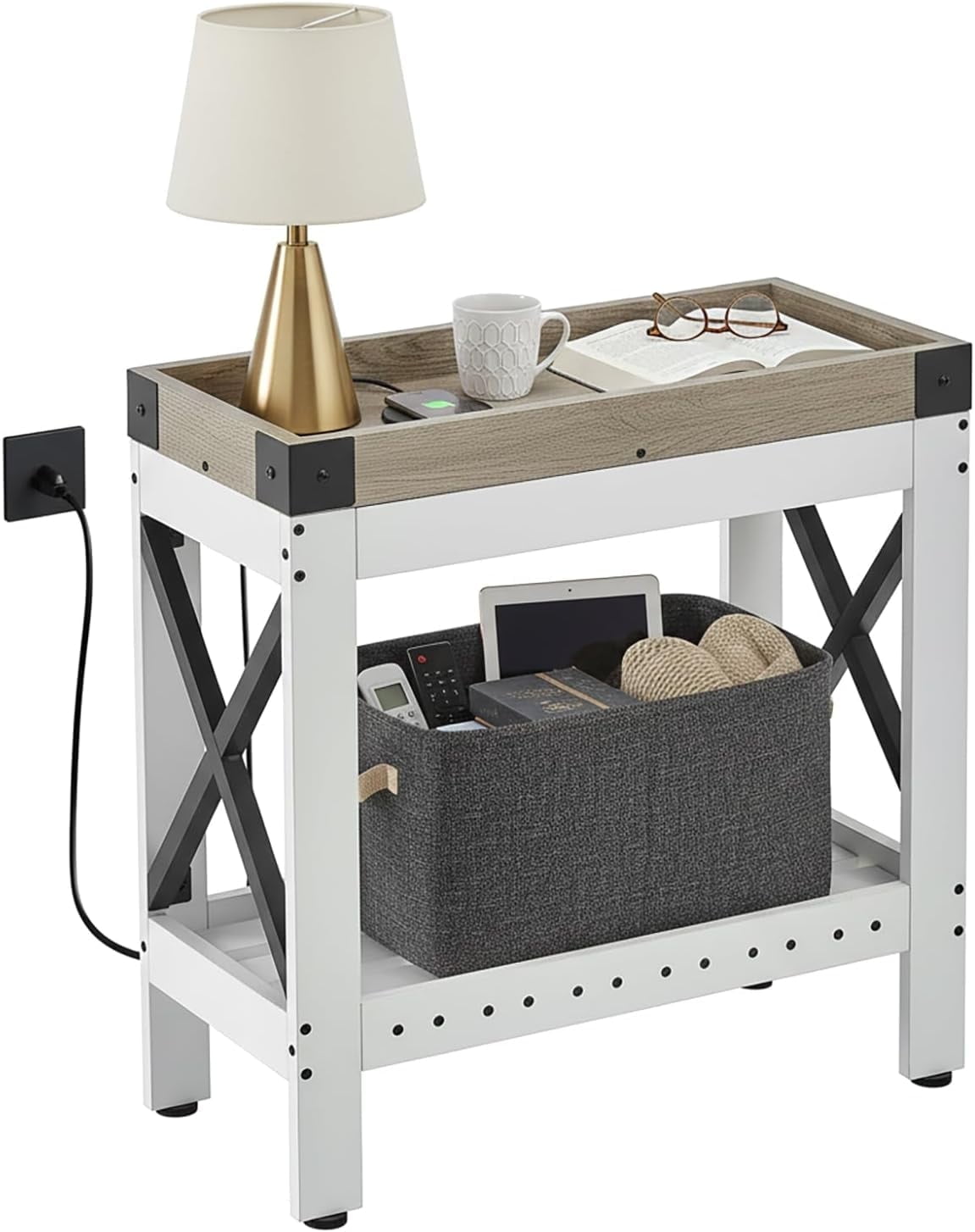 ZEXVIDA Narrow Side Table, End Table,Sofa Side Table, End Table Nightstand for Bedroom, Living Room, Small Spaces with 2 USB and 2 Power Outlets(with Outlets, White)