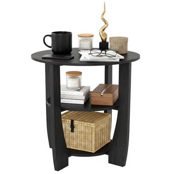 ZEXVIDA Round End Table with Storage Shelf,3 Tier Modern Side Table, Sofa Recliner Side Table,Accent Coffee Table,Nightstand for Living Room Bedroom for Small Spaces,19.7" D x 21.7" H (Black)