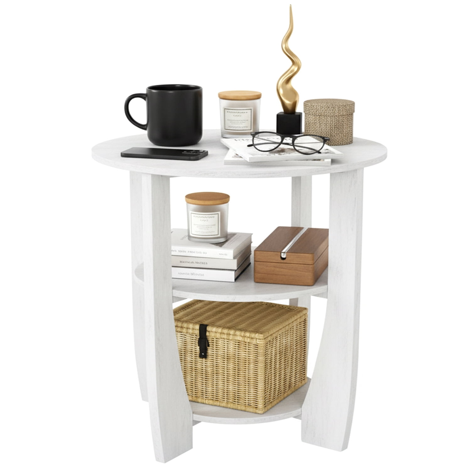 ZEXVIDA Round End Table with Storage Shelf,3 Tier Modern Side Table, Sofa Recliner Side Table,Accent Coffee Table,Nightstand for Living Room Bedroom for Small Spaces,19.7" D x 21.7" H (White)