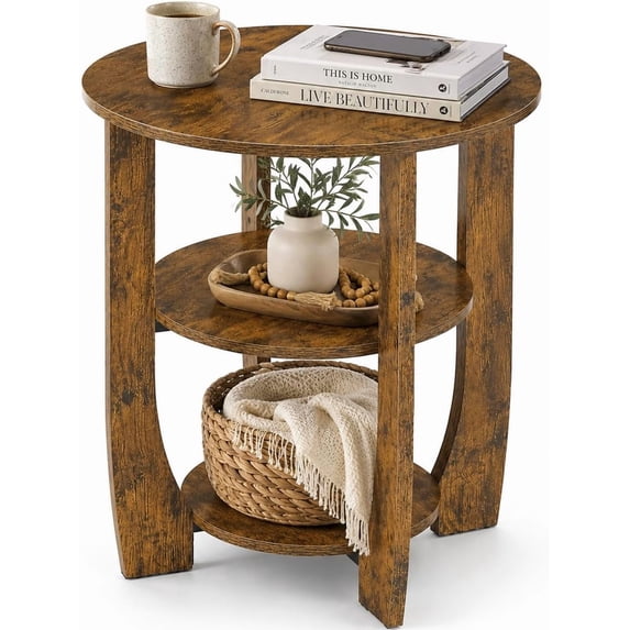 ZEXVIDA, Round End Table with Storage Shelf, 3-Tier, Brown, Modern ...
