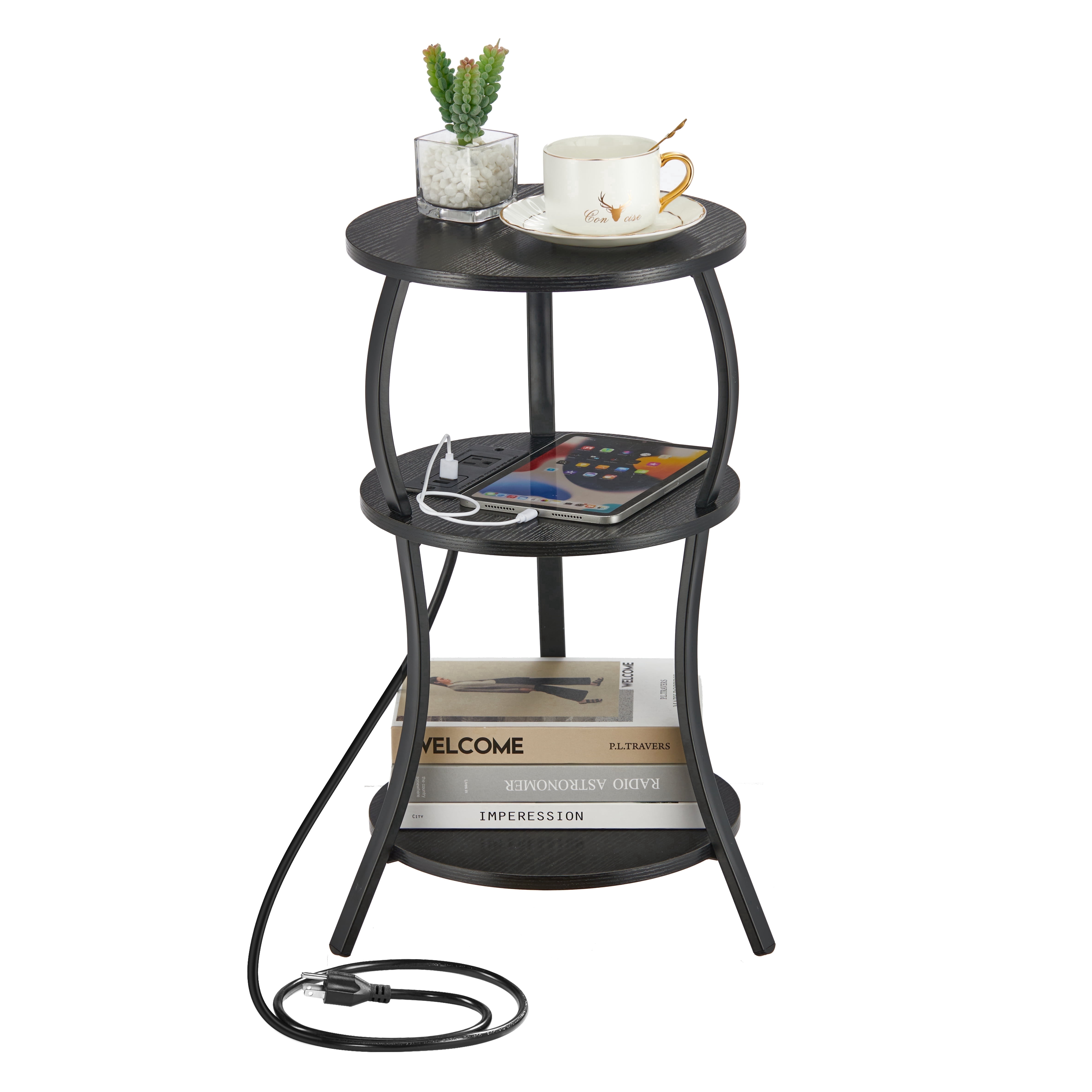 ZEXVIDA Round Side Table with Charging Station, 3-Tier Circular End Table and Compact Sofa Side Table, Gray
