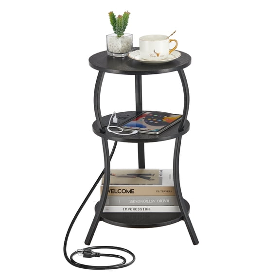 ZEXVIDA Round Side Table with Charging Station, 3-Tier Circular End Table and Compact Sofa Side Table, Gray