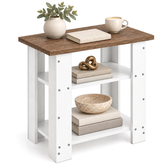 ZEXVIDA White Narrow Side Table with Oak Top, 3 Tier Modern Farmhouse End Table, Narrow White Nightstand for Bedroom, Nursery, Living Room, Coastal Small Bedside Table with Storage Shelves, 22.8" H